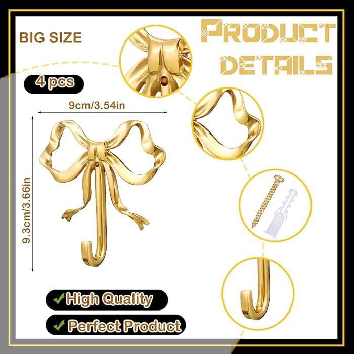 Lineshading 4 Pcs Gold Bow Wall Hooks Brass Coquette Bow Hooks for Coats Hats Bags Bath Towels Robes Vintage Room Decor Office Kitchen Hallway Bathroom Nursery Decorations (L) - Image 3