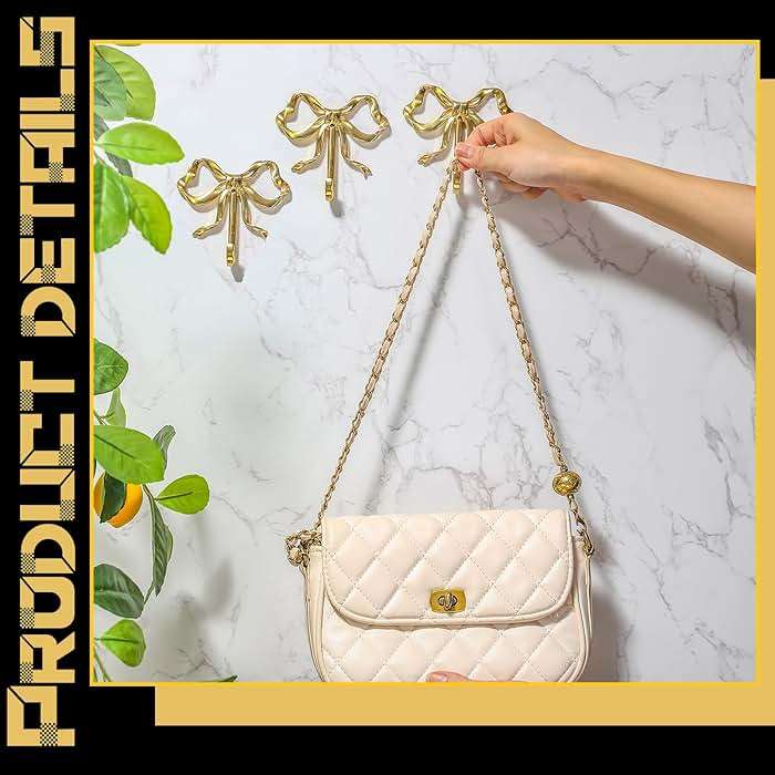 Lineshading 4 Pcs Gold Bow Wall Hooks Brass Coquette Bow Hooks for Coats Hats Bags Bath Towels Robes Vintage Room Decor Office Kitchen Hallway Bathroom Nursery Decorations (L) - Image 4
