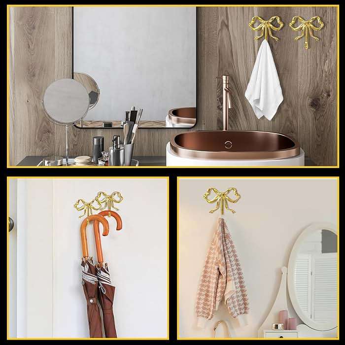Lineshading 4 Pcs Gold Bow Wall Hooks Brass Coquette Bow Hooks for Coats Hats Bags Bath Towels Robes Vintage Room Decor Office Kitchen Hallway Bathroom Nursery Decorations (L) - Image 5