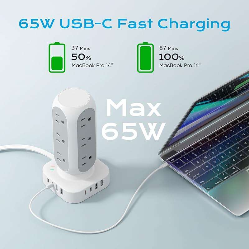 Flat Plug Power Strip Tower, TenTrend 65W Max Charging Tower with 12 AC Outlets & 8 USB Ports (4 USB C), 82W Total Fast Charging Station, 10FT Extension Cord for Desk Office Dorm Room - Image 2