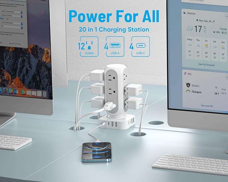 Flat Plug Power Strip Tower, TenTrend 65W Max Charging Tower with 12 AC Outlets & 8 USB Ports (4 USB C), 82W Total Fast Charging Station, 10FT Extension Cord for Desk Office Dorm Room - Image 3