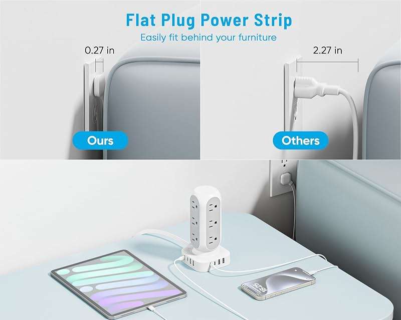 Flat Plug Power Strip Tower, TenTrend 65W Max Charging Tower with 12 AC Outlets & 8 USB Ports (4 USB C), 82W Total Fast Charging Station, 10FT Extension Cord for Desk Office Dorm Room - Image 4