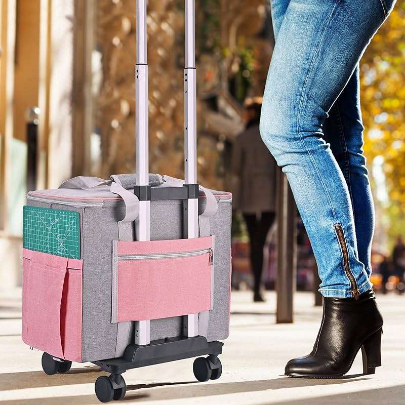 FINESUN Rolling Teacher Tote Bag with Wheels Craft Storage Organizer Bag, Portable Wheeled Craft Cart for Teacher Art Office Scrapbook Supplies, Heavy Duty Multi-Purpose Rolling Tote Pink - Image 2