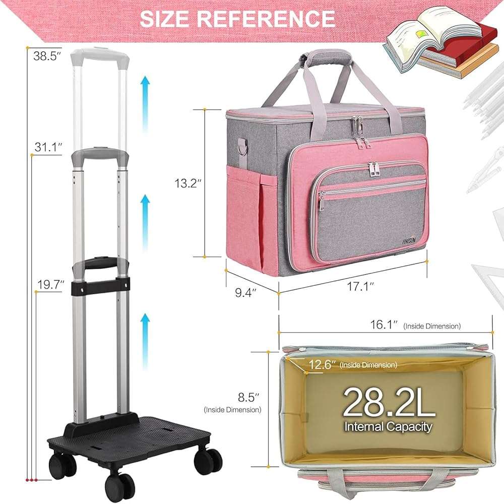 FINESUN Rolling Teacher Tote Bag with Wheels Craft Storage Organizer Bag, Portable Wheeled Craft Cart for Teacher Art Office Scrapbook Supplies, Heavy Duty Multi-Purpose Rolling Tote Pink - Image 6