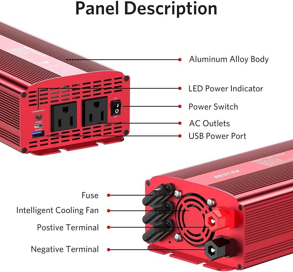 BESTEK 1000W Car Power Inverter, DC 12V to 110V Car Power Converter with 2 AC Outlets/30W PD USB-C/18W Quick USB A Charge Multi-Protection 1000 watt Power Inverter for Vehicles/Car/RV/Home - Image 7