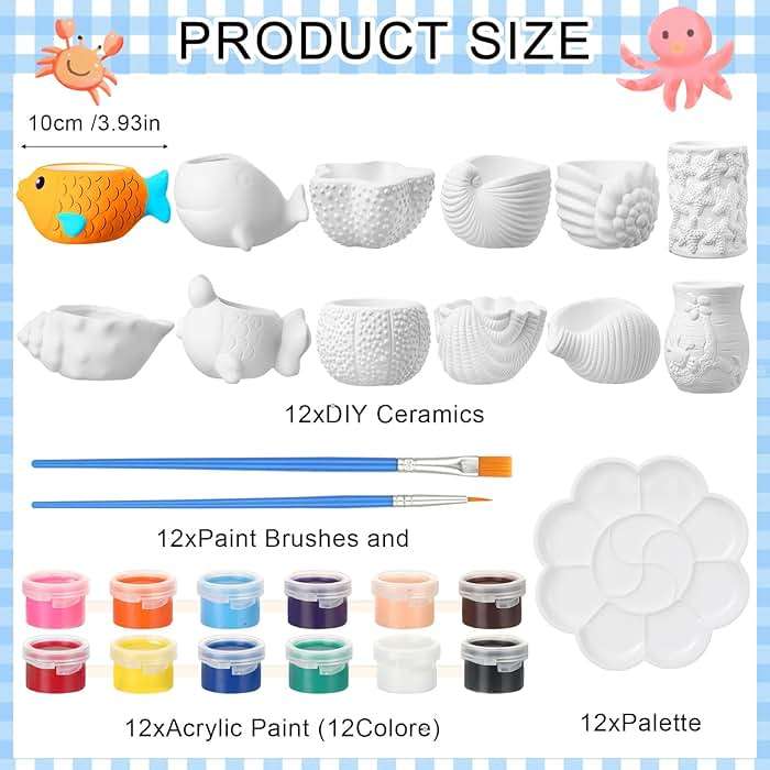 Hushee 12 Sets Ceramic Succulent Planters Paintable Succulent Plant Pots Small DIY Figurines Unpainted Pots with Drainage Hole Color Paints Paintbrushes Palettes - Image 2