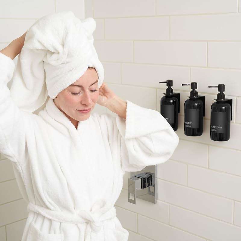 Stylish Shampoo and Conditioner Dispenser Set of 3 for Wall Mount - Modern Drill Free 21oz Shower Soap Bottles with Labels - Easy Refill Body Wash Dispensers for an Instant Bathroom Decor Upgrade - Image 2