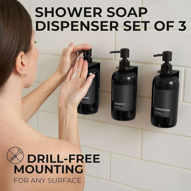 Stylish Shampoo and Conditioner Dispenser Set of 3 for Wall Mount - Modern Drill Free 21oz Shower Soap Bottles with Labels - Easy Refill Body Wash Dispensers for an Instant Bathroom Decor Upgrade - Image 3