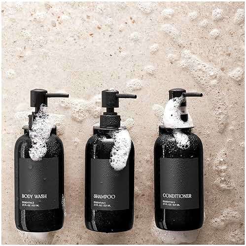 Stylish Shampoo and Conditioner Dispenser Set of 3 for Wall Mount - Modern Drill Free 21oz Shower Soap Bottles with Labels - Easy Refill Body Wash Dispensers for an Instant Bathroom Decor Upgrade - Image 5
