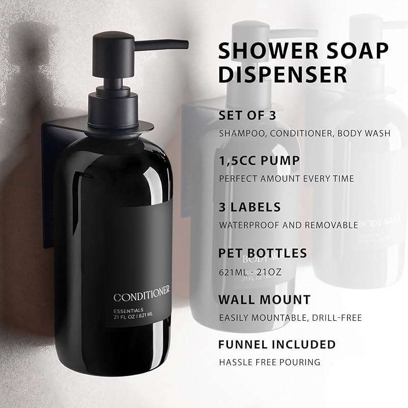 Stylish Shampoo and Conditioner Dispenser Set of 3 for Wall Mount - Modern Drill Free 21oz Shower Soap Bottles with Labels - Easy Refill Body Wash Dispensers for an Instant Bathroom Decor Upgrade - Image 7