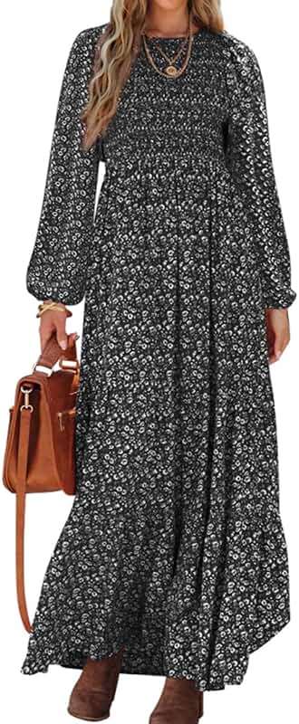 PRETTYGARDEN Women's Spring Dresses 2026 Long Sleeve Flowy Casual Floral Maxi Dress Crew Neck Smocked Tiered Long Dress - Image 1