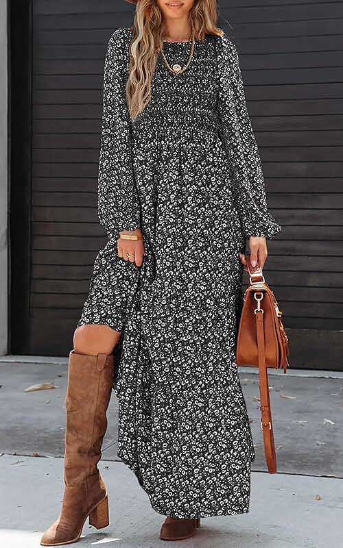 PRETTYGARDEN Women's Spring Dresses 2026 Long Sleeve Flowy Casual Floral Maxi Dress Crew Neck Smocked Tiered Long Dress - Image 2