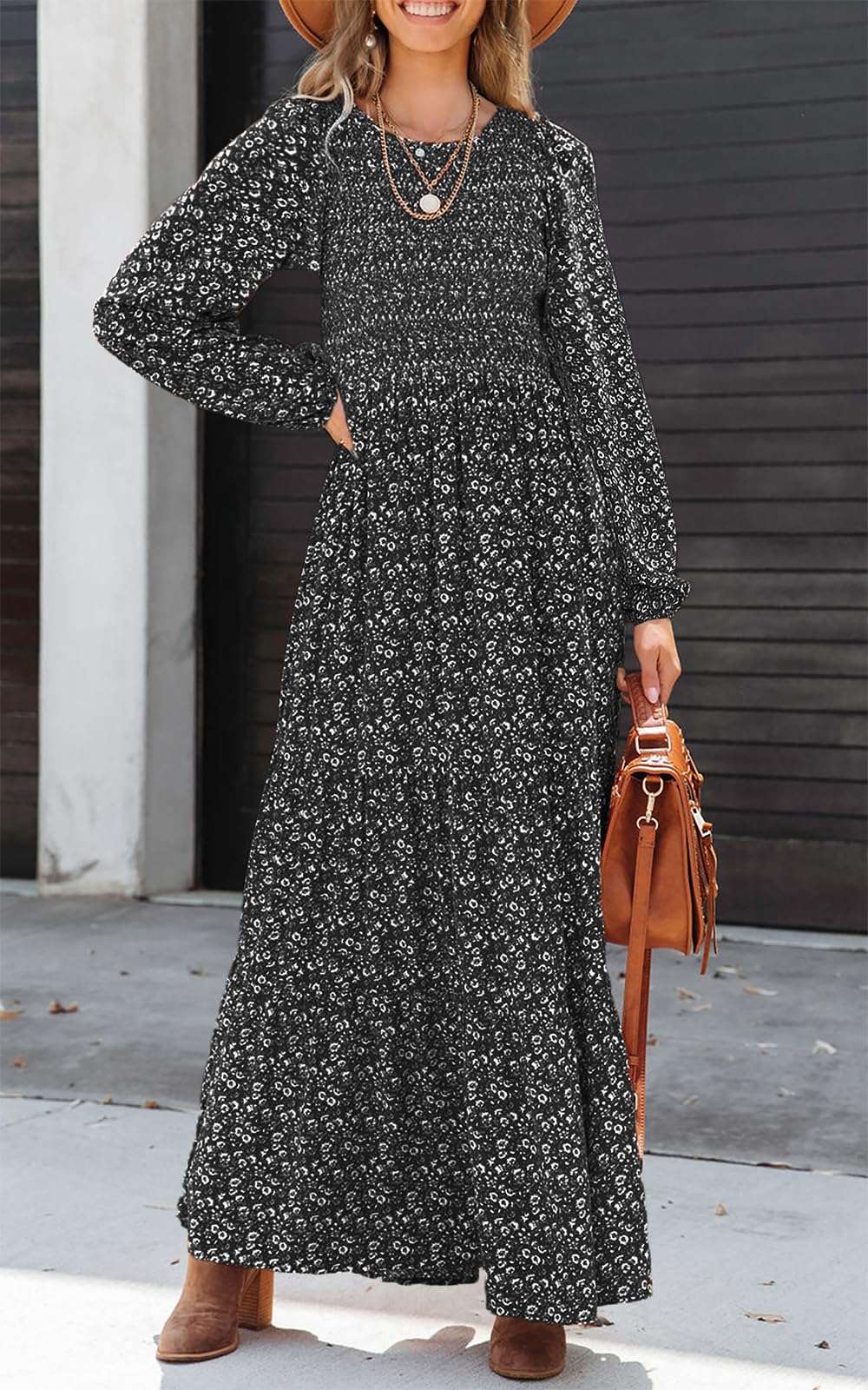 PRETTYGARDEN Women's Spring Dresses 2026 Long Sleeve Flowy Casual Floral Maxi Dress Crew Neck Smocked Tiered Long Dress - Image 3