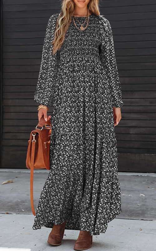 PRETTYGARDEN Women's Spring Dresses 2026 Long Sleeve Flowy Casual Floral Maxi Dress Crew Neck Smocked Tiered Long Dress - Image 4