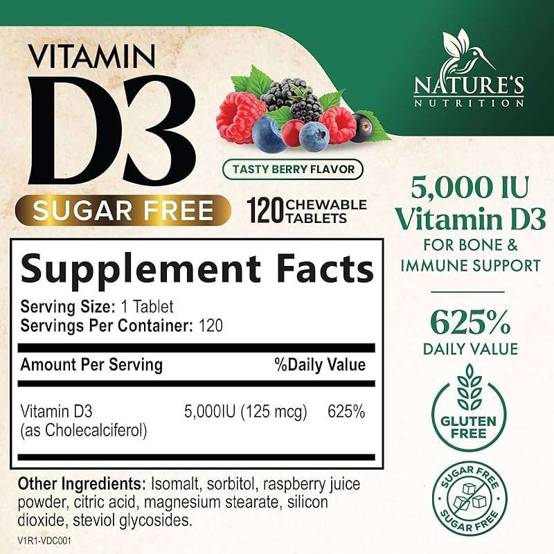 Vitamin D3 5000 IU (125 mcg) Per Serving - Extra Strength Vitamin D Chewable for Immune Support Health - Bone, Teeth and Muscle Supplements - Sugar Free, Gluten Free, USA Bottled - 120 Count Tablets - Image 2