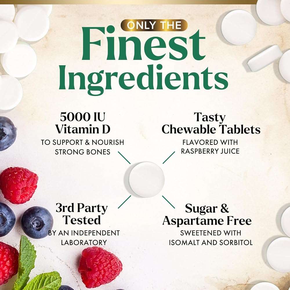 Vitamin D3 5000 IU (125 mcg) Per Serving - Extra Strength Vitamin D Chewable for Immune Support Health - Bone, Teeth and Muscle Supplements - Sugar Free, Gluten Free, USA Bottled - 120 Count Tablets - Image 3