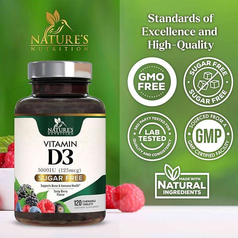 Vitamin D3 5000 IU (125 mcg) Per Serving - Extra Strength Vitamin D Chewable for Immune Support Health - Bone, Teeth and Muscle Supplements - Sugar Free, Gluten Free, USA Bottled - 120 Count Tablets - Image 4