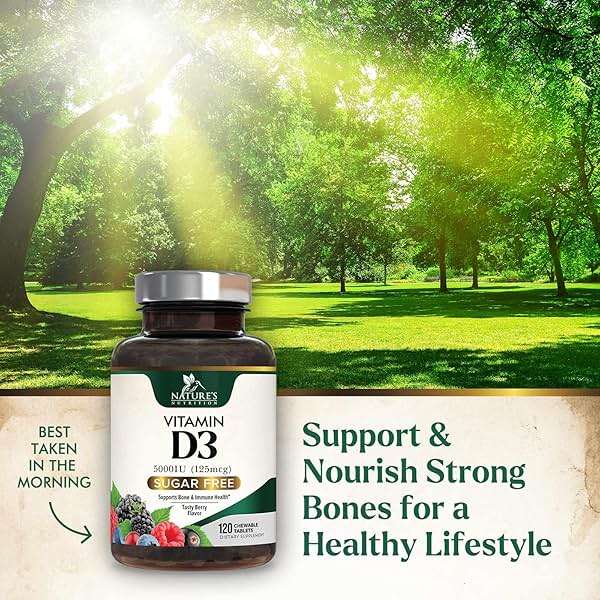 Vitamin D3 5000 IU (125 mcg) Per Serving - Extra Strength Vitamin D Chewable for Immune Support Health - Bone, Teeth and Muscle Supplements - Sugar Free, Gluten Free, USA Bottled - 120 Count Tablets - Image 5