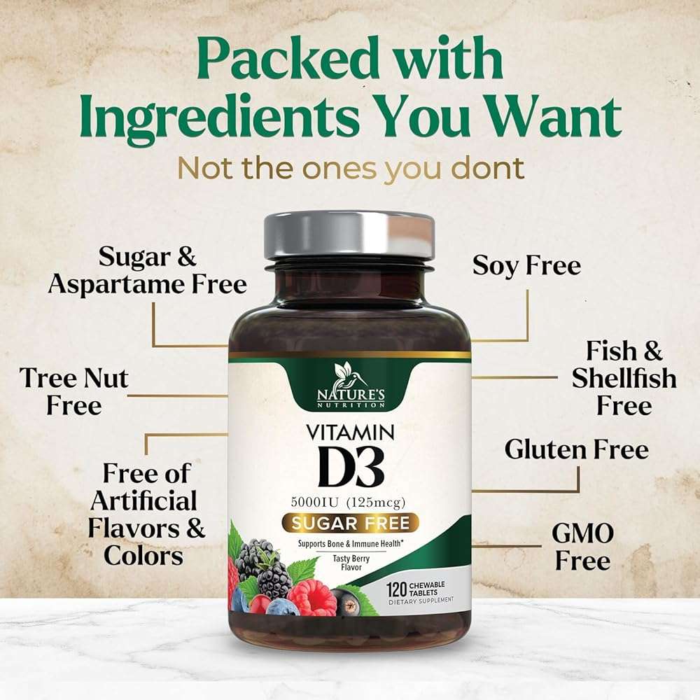 Vitamin D3 5000 IU (125 mcg) Per Serving - Extra Strength Vitamin D Chewable for Immune Support Health - Bone, Teeth and Muscle Supplements - Sugar Free, Gluten Free, USA Bottled - 120 Count Tablets - Image 7