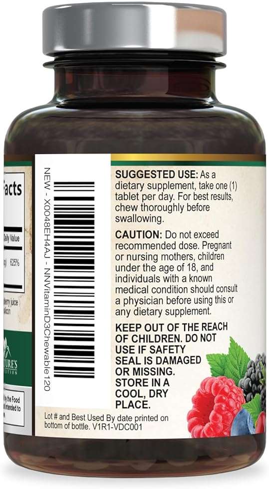 Vitamin D3 5000 IU (125 mcg) Per Serving - Extra Strength Vitamin D Chewable for Immune Support Health - Bone, Teeth and Muscle Supplements - Sugar Free, Gluten Free, USA Bottled - 120 Count Tablets - Image 8