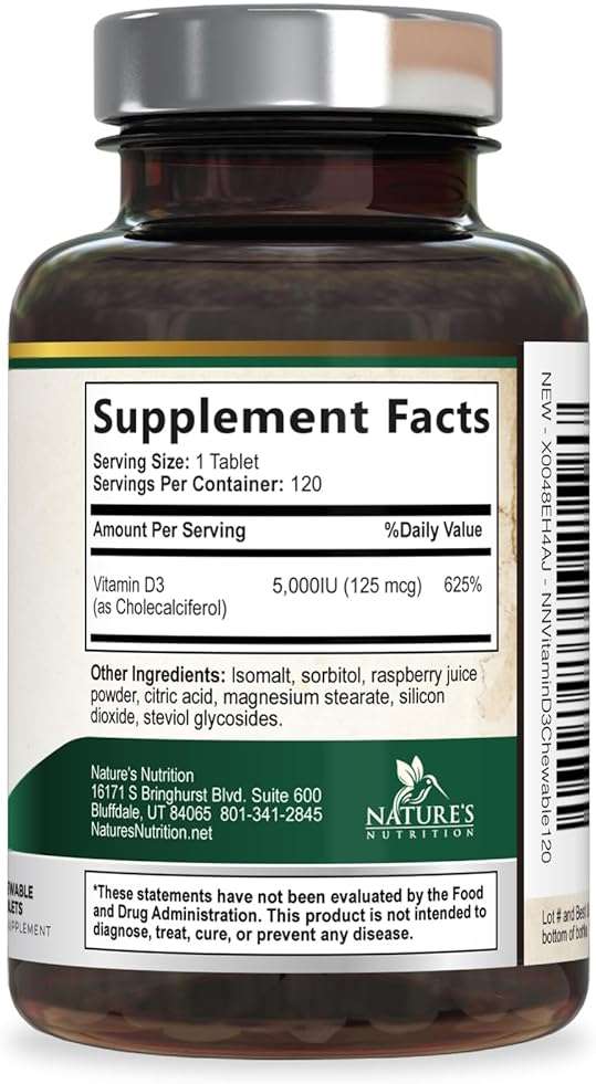 Vitamin D3 5000 IU (125 mcg) Per Serving - Extra Strength Vitamin D Chewable for Immune Support Health - Bone, Teeth and Muscle Supplements - Sugar Free, Gluten Free, USA Bottled - 120 Count Tablets - Image 9