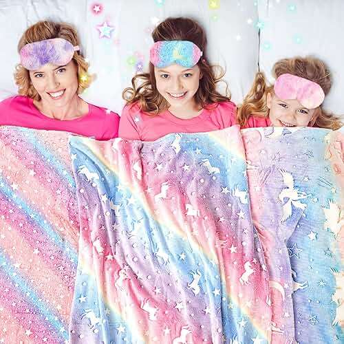 Fanfanwin 18 Pcs Sleepover Party Supplies for Girls, 6 Glow in The Dark Unicorn Blanket 6 Coral Fleece Headband 6 Plush Eye Mask Covers for Sleeping Slumber Sleepover Spa Party Gift(Cute) - Image 2