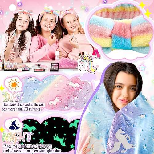 Fanfanwin 18 Pcs Sleepover Party Supplies for Girls, 6 Glow in The Dark Unicorn Blanket 6 Coral Fleece Headband 6 Plush Eye Mask Covers for Sleeping Slumber Sleepover Spa Party Gift(Cute) - Image 5