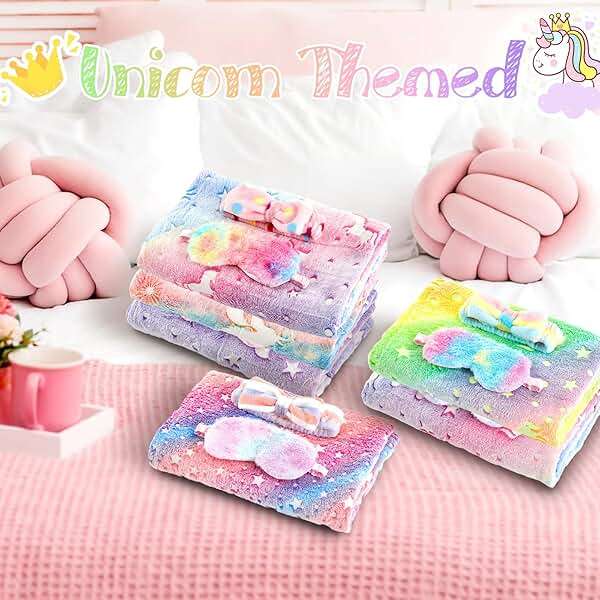 Fanfanwin 18 Pcs Sleepover Party Supplies for Girls, 6 Glow in The Dark Unicorn Blanket 6 Coral Fleece Headband 6 Plush Eye Mask Covers for Sleeping Slumber Sleepover Spa Party Gift(Cute) - Image 6