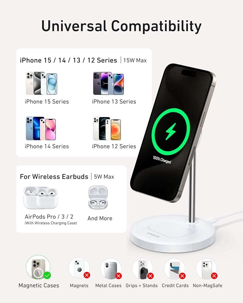 Anker MagSafe Compatible MagGo Charger Stand, iPhone 17 Wireless Charger, 2-in-1 Charging Station, Qi2 Certified 15W Fast Charging, for iPhone 17/16/15/14/13/12, AirPods Pro (40W Adapter Included) - Image 6