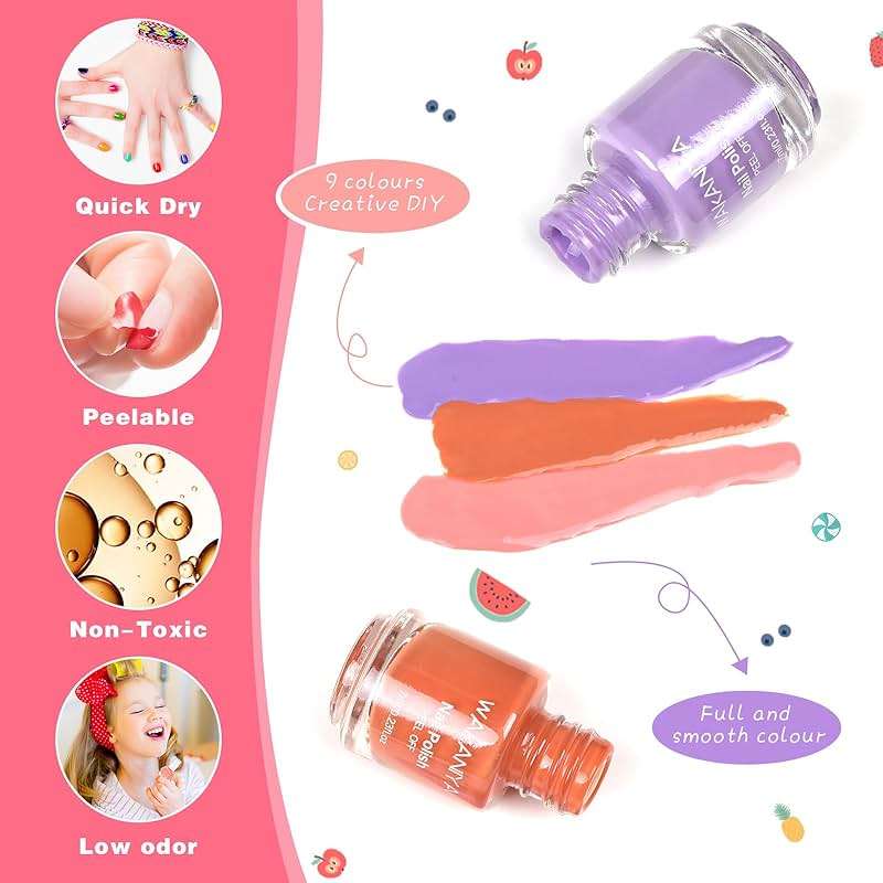 Quick Dry Kids Nail Polish Set for Girls, Non-Toxic Toddler Water-Based Nail Polish Kit with Gems Stickers 9 Colors Peelable Fingernail Set for Ages 3+ - Image 4