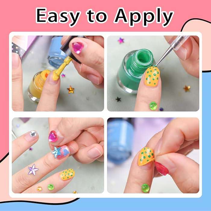 Quick Dry Kids Nail Polish Set for Girls, Non-Toxic Toddler Water-Based Nail Polish Kit with Gems Stickers 9 Colors Peelable Fingernail Set for Ages 3+ - Image 5
