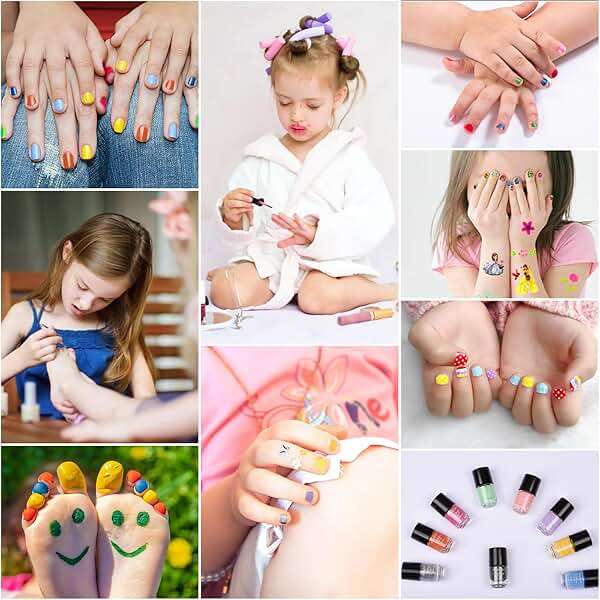 Quick Dry Kids Nail Polish Set for Girls, Non-Toxic Toddler Water-Based Nail Polish Kit with Gems Stickers 9 Colors Peelable Fingernail Set for Ages 3+ - Image 6