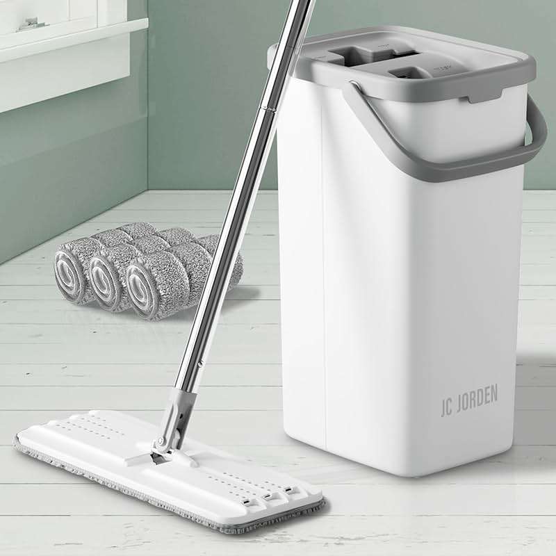 JC Jorden Mop and Bucket with Wringer Set, Hands Free Flat Floor Mop and Bucket, 3 Washable Microfiber Pads Included, Wet and Dry Use, Home Floor Cleaning System for All Floor Types and Windows - Image 1