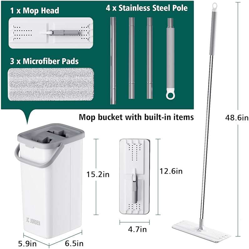 JC Jorden Mop and Bucket with Wringer Set, Hands Free Flat Floor Mop and Bucket, 3 Washable Microfiber Pads Included, Wet and Dry Use, Home Floor Cleaning System for All Floor Types and Windows - Image 2