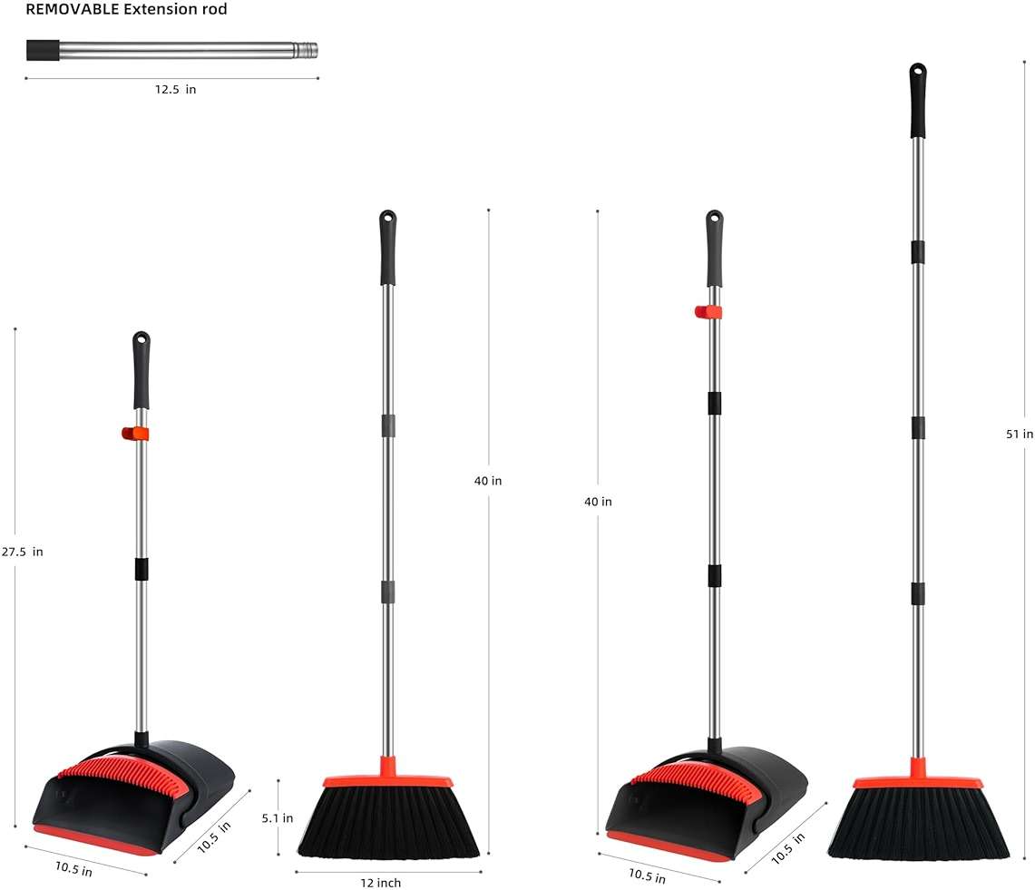 BSKLIN Broom and Dustpan Set for Home, 52" Long Handle Standing Broom Set with Dustpan Self-Cleaning Teeth for Hair Removal Heavy Duty Indoor Outdoor Sweeping Kit for Kitchen Garage (Black) - Image 2