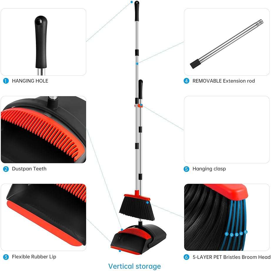 BSKLIN Broom and Dustpan Set for Home, 52" Long Handle Standing Broom Set with Dustpan Self-Cleaning Teeth for Hair Removal Heavy Duty Indoor Outdoor Sweeping Kit for Kitchen Garage (Black) - Image 3