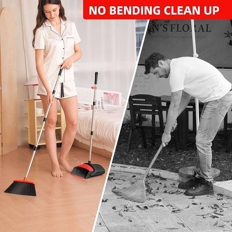 BSKLIN Broom and Dustpan Set for Home, 52" Long Handle Standing Broom Set with Dustpan Self-Cleaning Teeth for Hair Removal Heavy Duty Indoor Outdoor Sweeping Kit for Kitchen Garage (Black) - Image 4