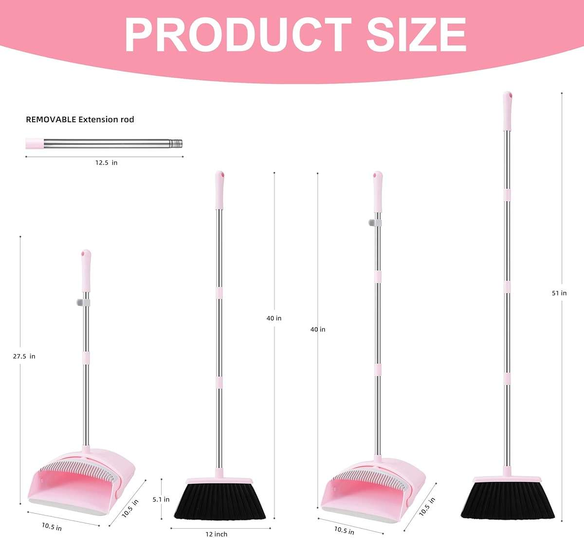 BSKLIN Broom and Dustpan Set for Home, 52” Long Handle Broom with Dustpan Combo Set with Dust Pan Teeth to Clean Hair Sweeping Set for Kitchen Hardwood Floors Pet Hair (Pink) - Image 2