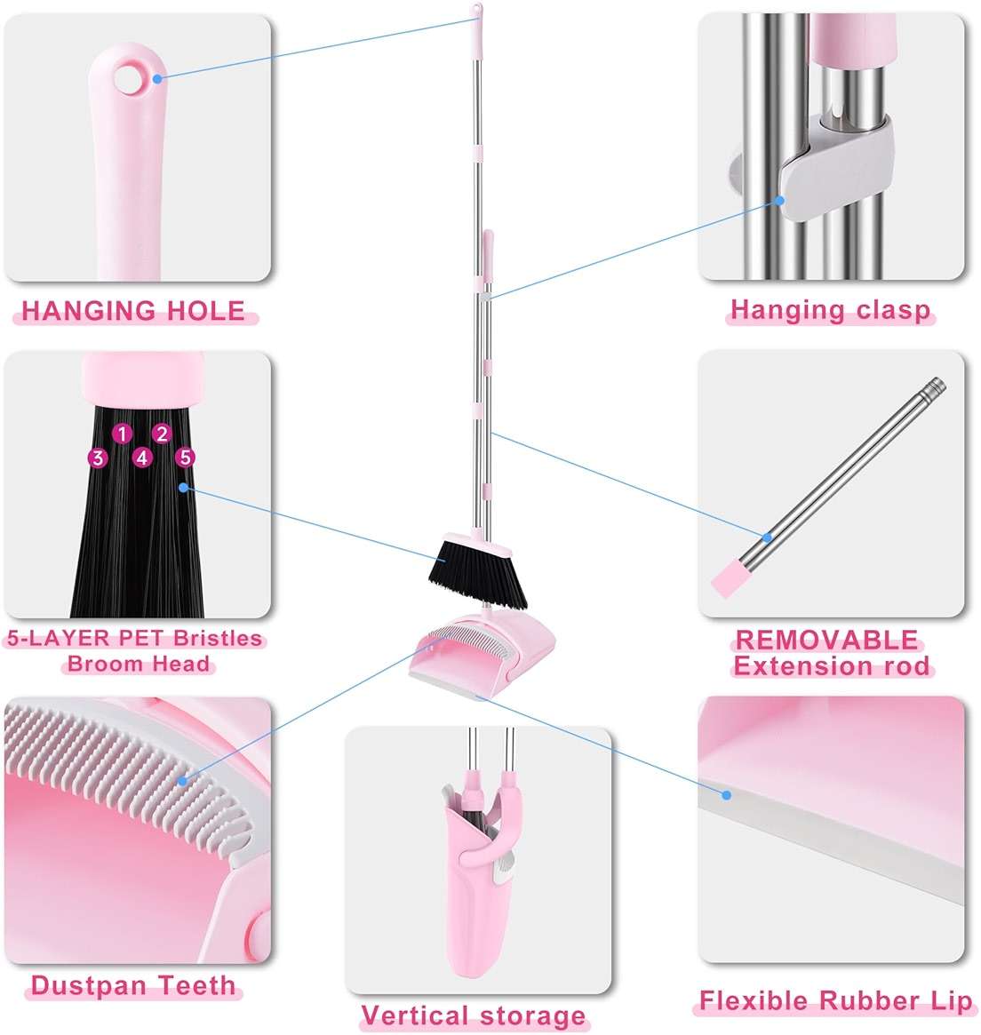 BSKLIN Broom and Dustpan Set for Home, 52” Long Handle Broom with Dustpan Combo Set with Dust Pan Teeth to Clean Hair Sweeping Set for Kitchen Hardwood Floors Pet Hair (Pink) - Image 3