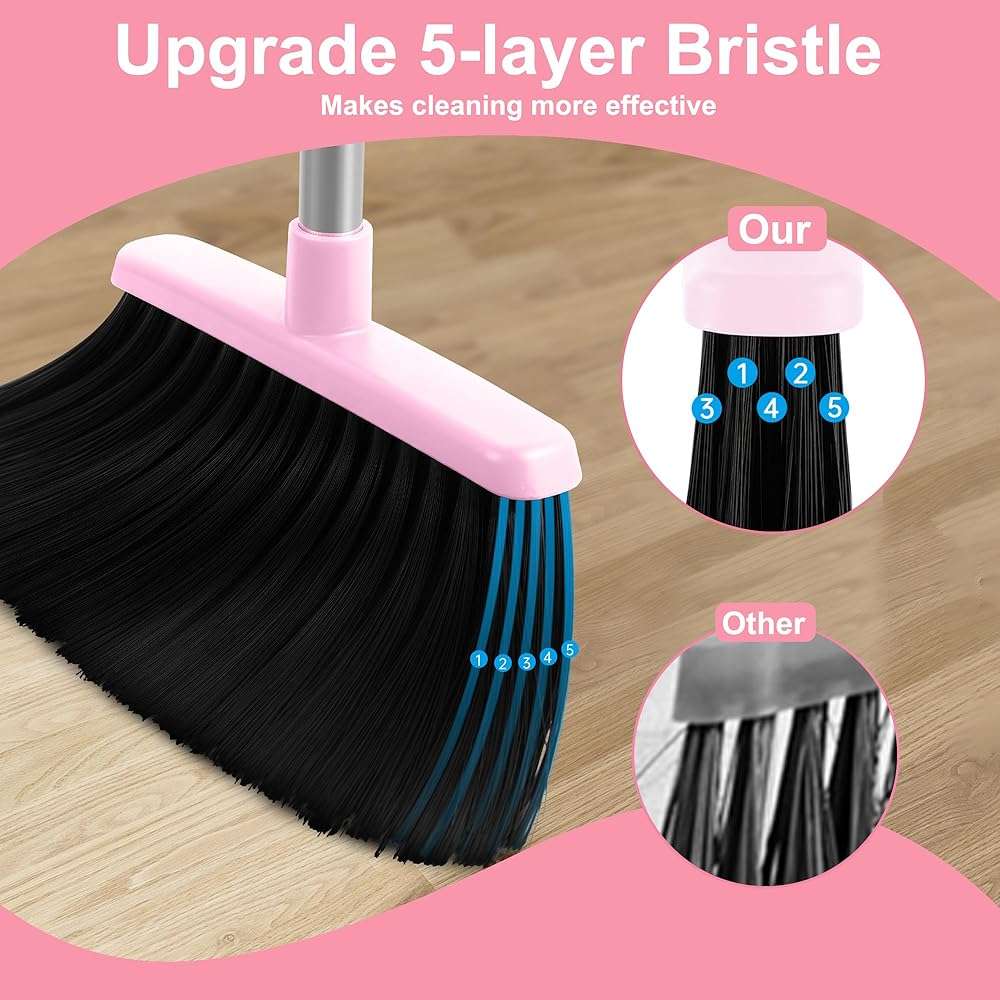 BSKLIN Broom and Dustpan Set for Home, 52” Long Handle Broom with Dustpan Combo Set with Dust Pan Teeth to Clean Hair Sweeping Set for Kitchen Hardwood Floors Pet Hair (Pink) - Image 5