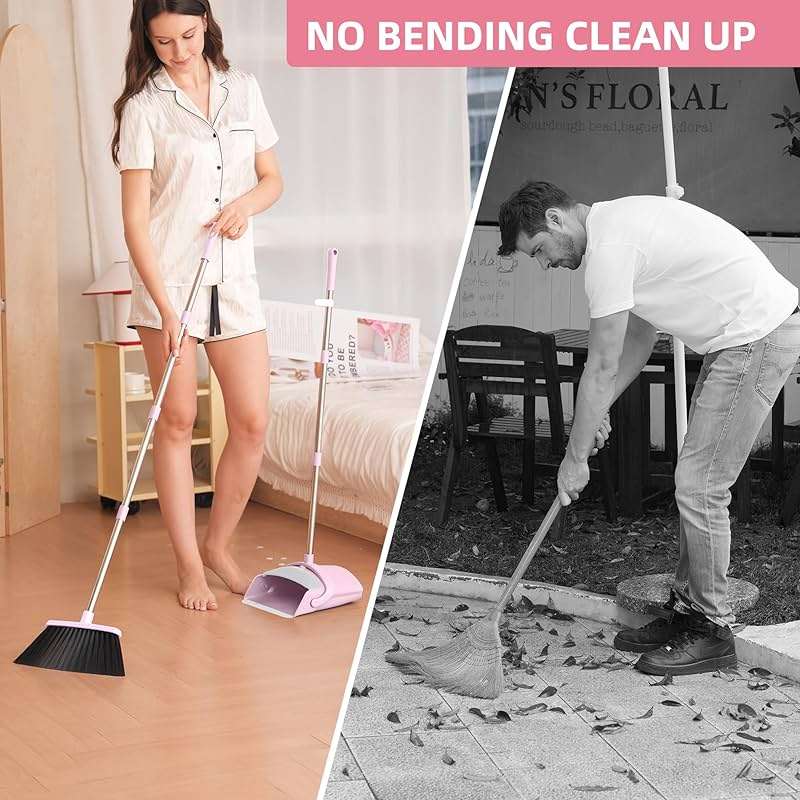 BSKLIN Broom and Dustpan Set for Home, 52” Long Handle Broom with Dustpan Combo Set with Dust Pan Teeth to Clean Hair Sweeping Set for Kitchen Hardwood Floors Pet Hair (Pink) - Image 8