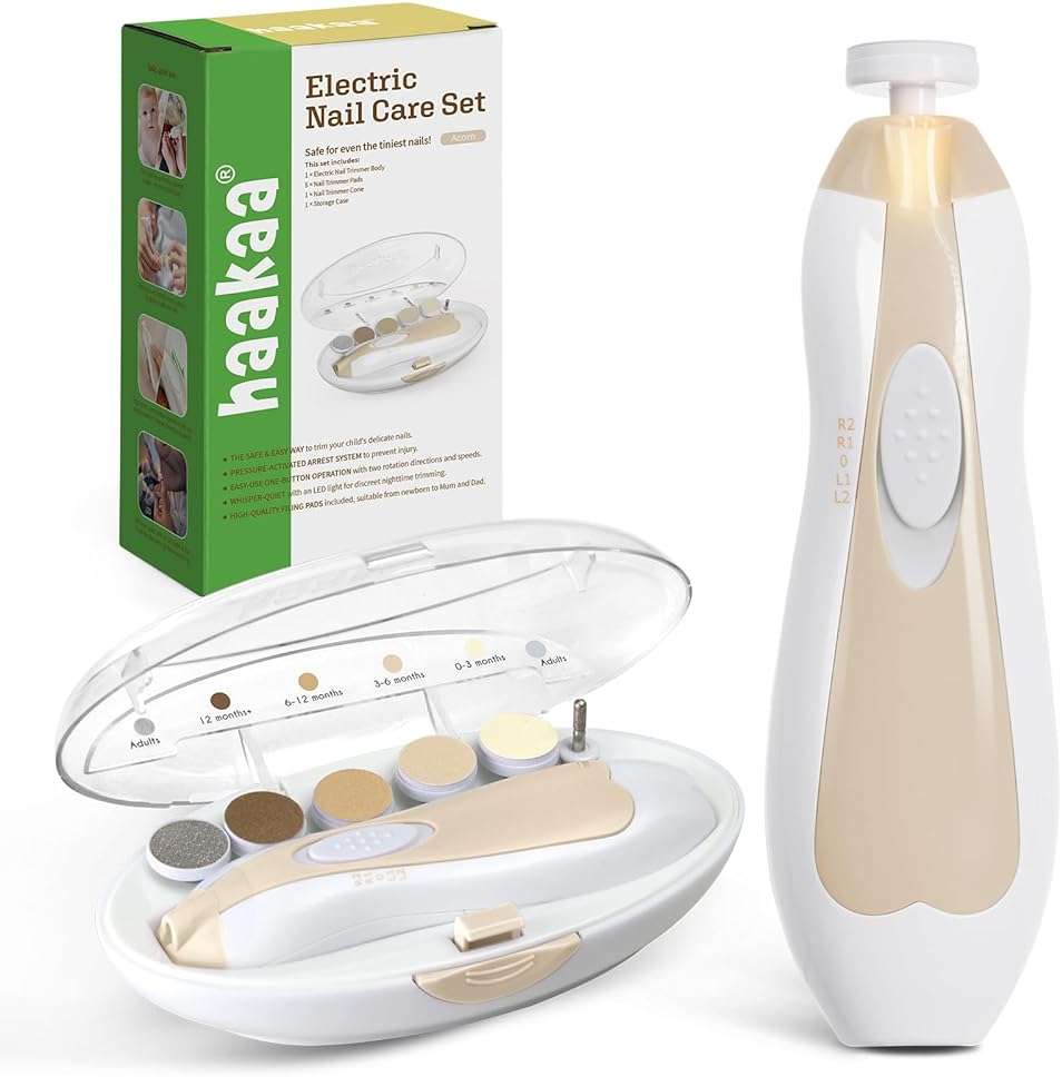 haakaa Electric Baby Nail Trimmer for Newborns, Infants & Toddlers – Safe & Gentle Nail Care, Whisper-Quiet with LED Light, Baby Nail Care Kit, Includes 6 Replacement Heads & Storage Case, Acorn - Image 1
