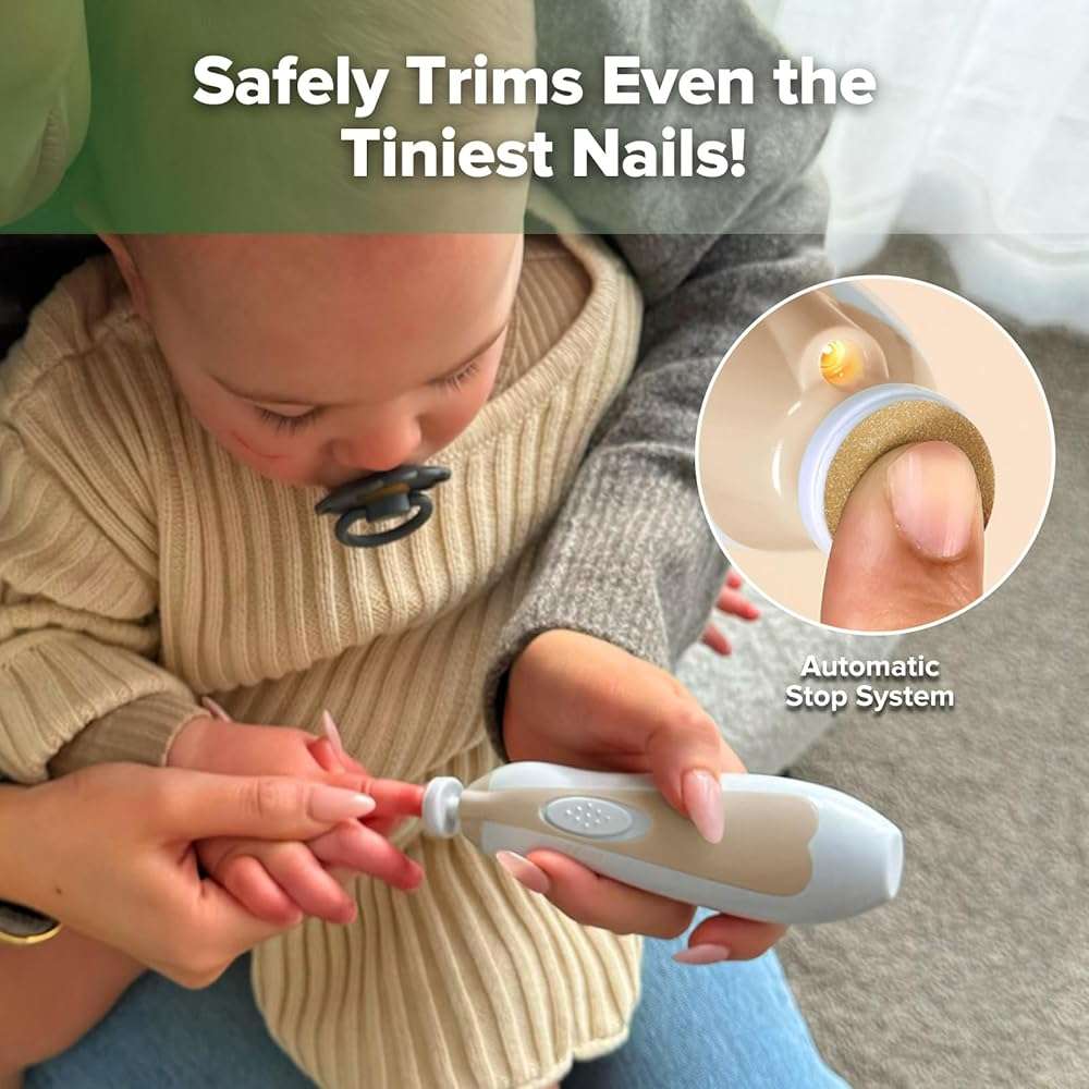 haakaa Electric Baby Nail Trimmer for Newborns, Infants & Toddlers – Safe & Gentle Nail Care, Whisper-Quiet with LED Light, Baby Nail Care Kit, Includes 6 Replacement Heads & Storage Case, Acorn - Image 3