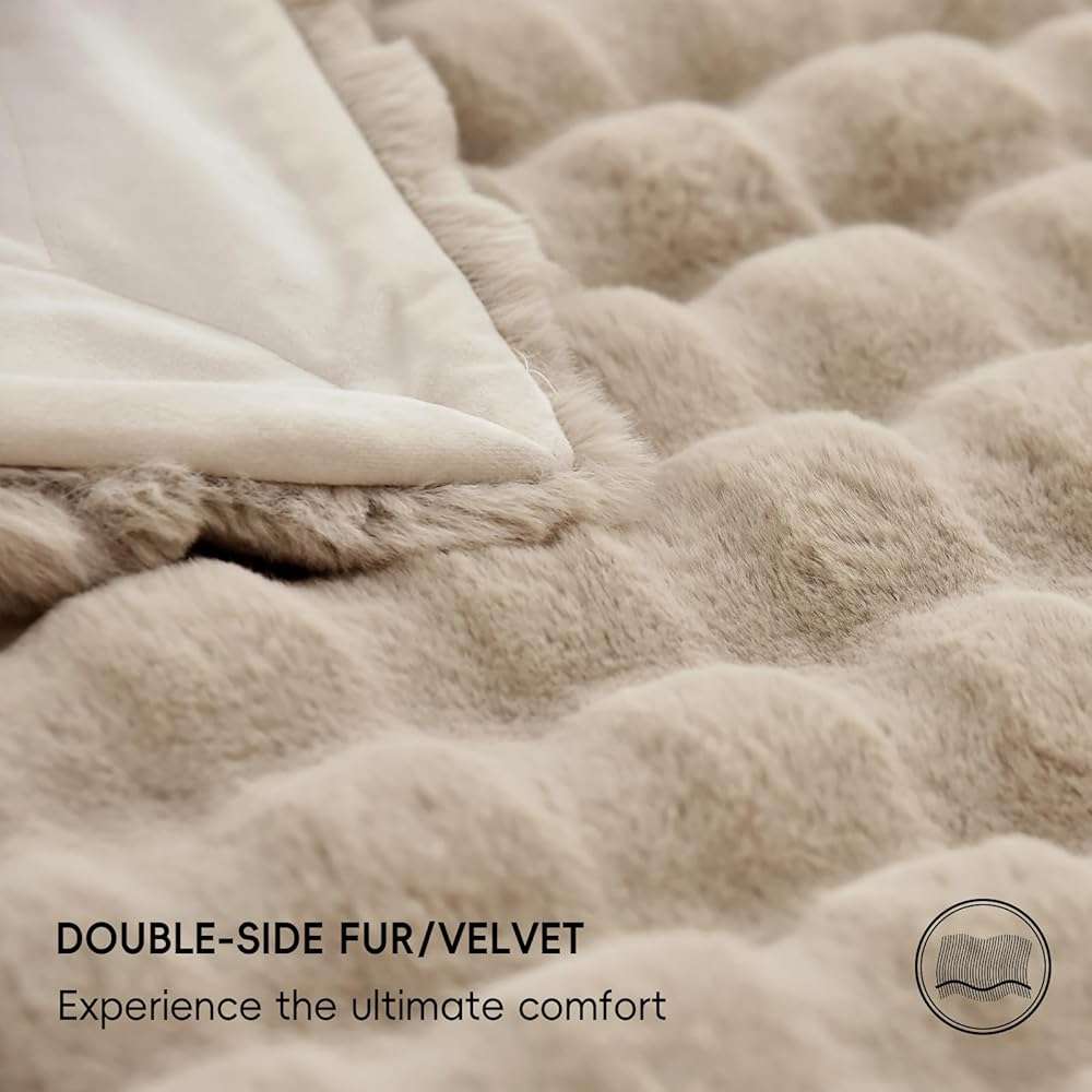 PHF Luxury Faux Rabbit Fur Throw Blanket, Ultra Soft Fluffy Plush Cozy Warm Bubble Blanket for Bed, Couch, Chair, Sofa Decorative, Thick Reversible Throw Suitable for Fall & Winter, 50" x 60", Oak - Image 5