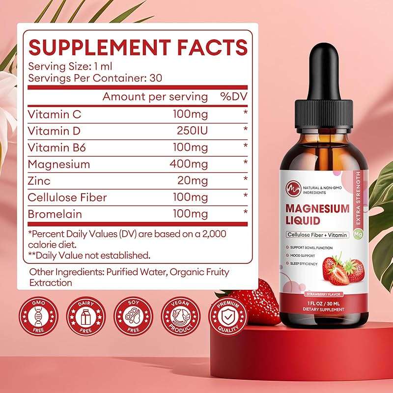 M inch Magnesium Glycinate Liquid, High Absorption Magnesium Liquid Drops with Chamomile, Hawthorn, Ginger Extract & Vitamin B6, B9, B12, C, D3, Magnesium Supplement, Strawberry Flavor, 2 Pack - Image 3