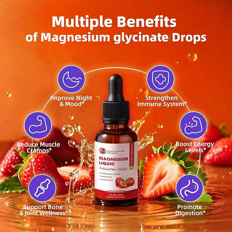M inch Magnesium Glycinate Liquid, High Absorption Magnesium Liquid Drops with Chamomile, Hawthorn, Ginger Extract & Vitamin B6, B9, B12, C, D3, Magnesium Supplement, Strawberry Flavor, 2 Pack - Image 5