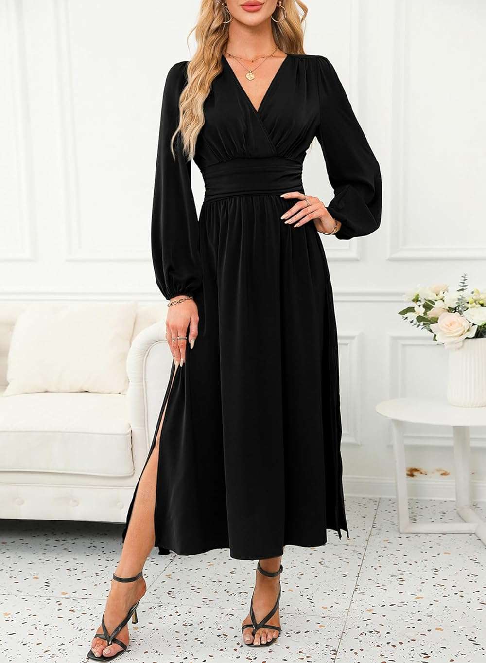 Dokotoo Womens Wrap V-Neck Empire Waist Dress Lantern Sleeve Ruched Side Slit Elegant Maxi Dress - Image 3