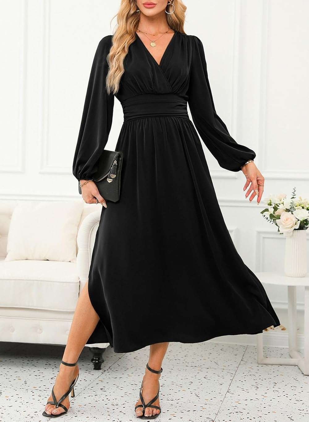 Dokotoo Womens Wrap V-Neck Empire Waist Dress Lantern Sleeve Ruched Side Slit Elegant Maxi Dress - Image 4