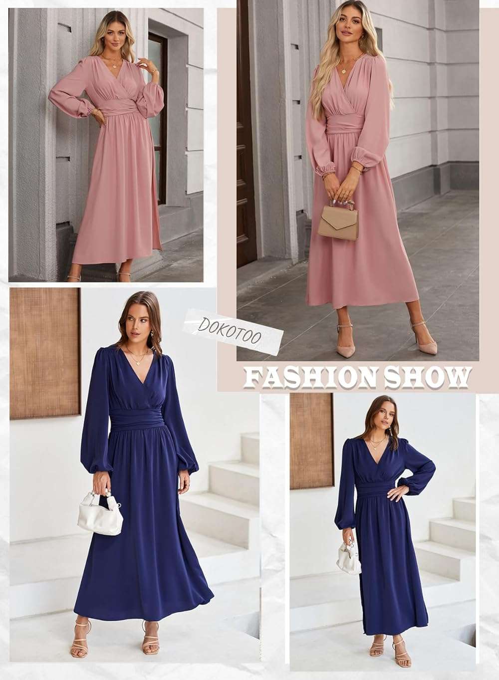 Dokotoo Womens Wrap V-Neck Empire Waist Dress Lantern Sleeve Ruched Side Slit Elegant Maxi Dress - Image 6