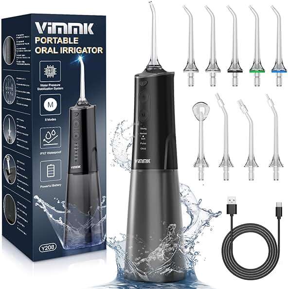 VIMMK Water Flosser, Cordless Water Dental Flosser, 9 Jet Tips 5 Modes 300ML IPX7 Waterproof, Portable Rechargeable Oral Irrigator for Home Travel - Gums, Orthodontic, Braces Care (Black) - Image 1